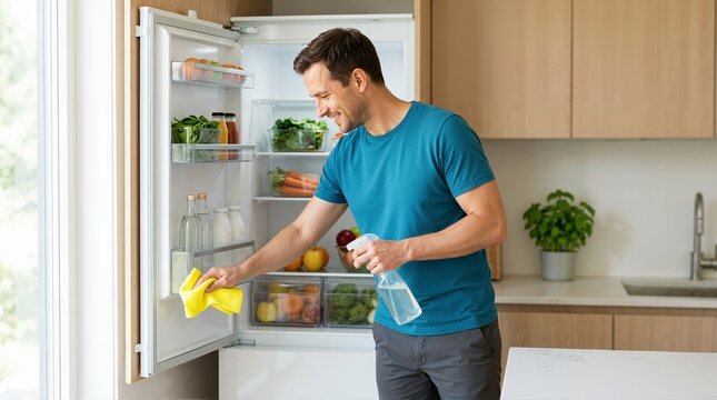 Man wiping inside of refrigerator door with yellow cloth and spray bottle. Kitchen hygiene and home cleaning concept