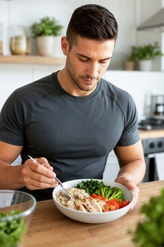 Man eating a healthy meal bowl with grilled chicken, broccoli, and grains in a kitchen. Athletic male consuming nutritious protein food for fitness and diet plan