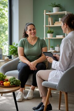 Patient consulting with a nutritionist or doctor in a medical clinic. Woman having a diet and weight management consultation