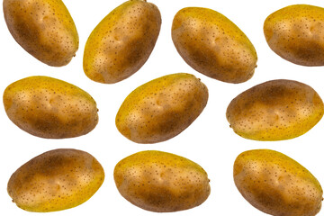 Obraz premium Pattern of raw brown potatoes with textured skin, arranged in a grid formation against a white and light yellow background