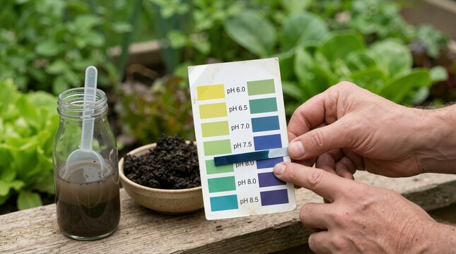 Soil pH test strip comparison with color chart in garden. Hands holding pH indicator paper for soil acid testing