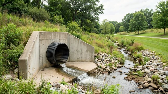 Concrete headwall with stormwater pipe outlet discharging water into stream. Culvert drainage system in park landscape