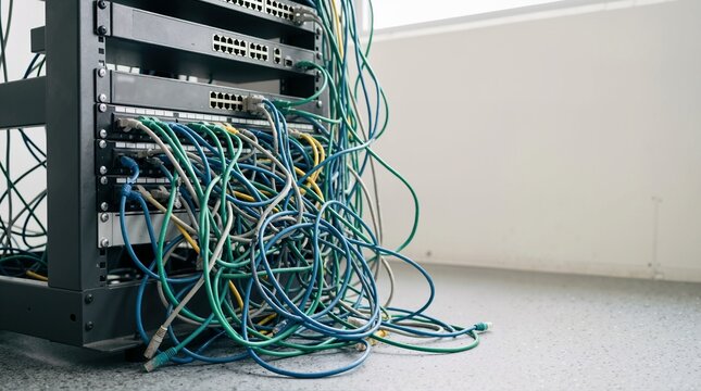 Tangled ethernet cables connected to server rack in data center. Messy network wiring and patch panel clutter. Information technology problem concept