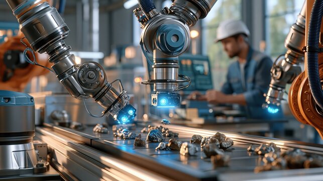 An automated critical minerals sorting facility, robotic arms separating ore fragments on a conveyor belt, sensor-based optical scanners glowing blue, worker in hard hat monitoring control panel 