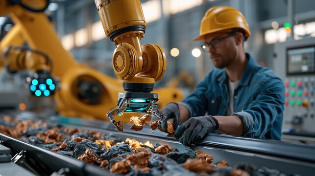 An automated critical minerals sorting facility, robotic arms separating ore fragments on a conveyor belt, sensor-based optical scanners glowing blue, worker in hard hat monitoring control panel 