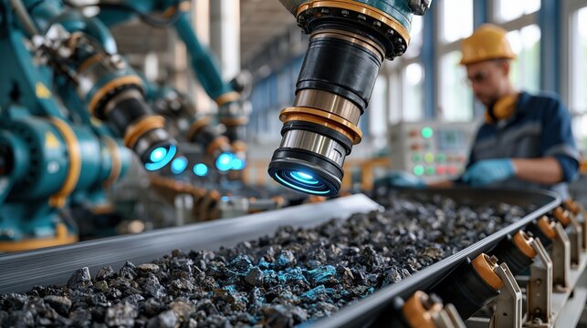 An automated critical minerals sorting facility, robotic arms separating ore fragments on a conveyor belt, sensor-based optical scanners glowing blue, worker in hard hat monitoring control panel 