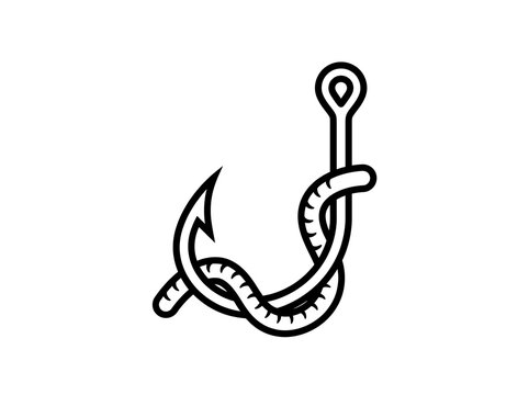 Simple fishing hook and worm icon illustration