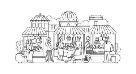 Fototapeta premium Diverse People Shopping at Bustling Outdoor Market with Stalls and Scooter, Hand-drawn Line Art Illustration