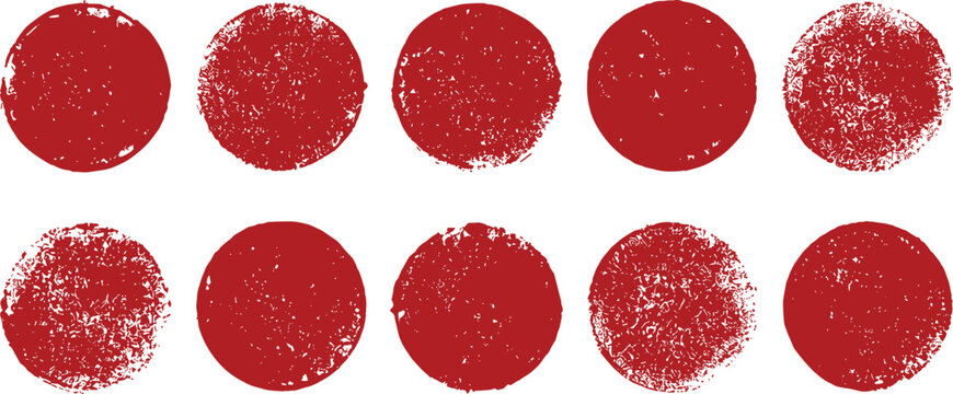 Red ink circle vector set featuring round distress rubber stamp effects textured paint splatters organic sponge stains and artistic grunge design badges