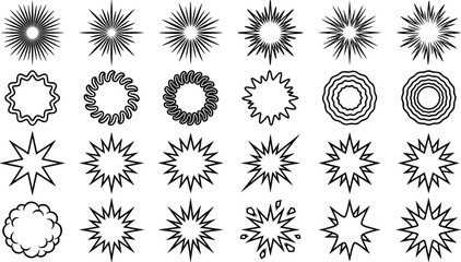 Obraz premium Comic book explosion burst vector set featuring black sunburst icons retro starburst badges geometric spark elements flash symbols and comic style speech clouds