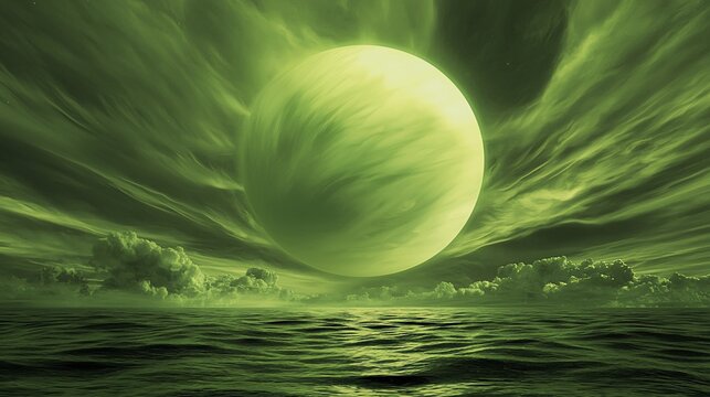 Green moon over a calm sea at night.