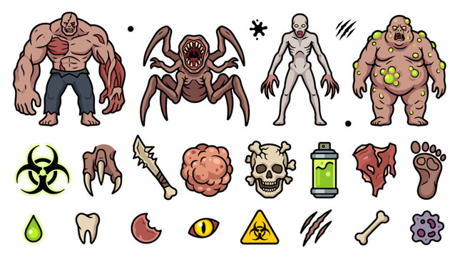 Mutant monster icons set with creepy creatures, zombie mutations, and radioactive hazard symbols