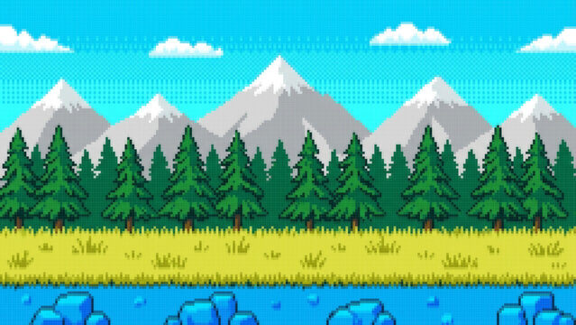 Pixel Art Landscape with Snowy Mountains and Forest, Snowy Mountain Pixel Art Landscape with Winter Forest and Peaceful Nature Scene