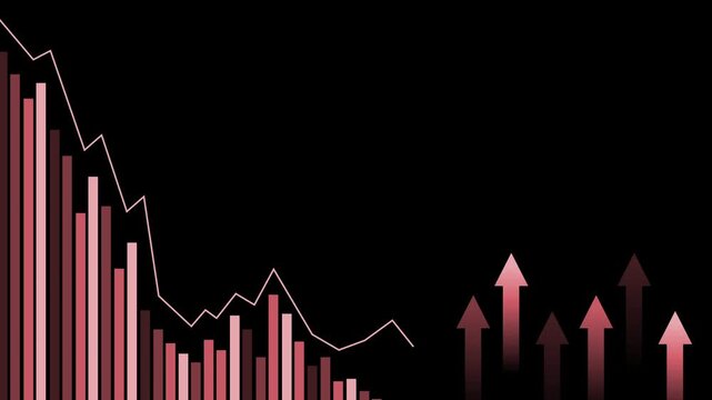 Falling bar chart with a downward line and rising arrows animation, Business chart with rising arrows decline