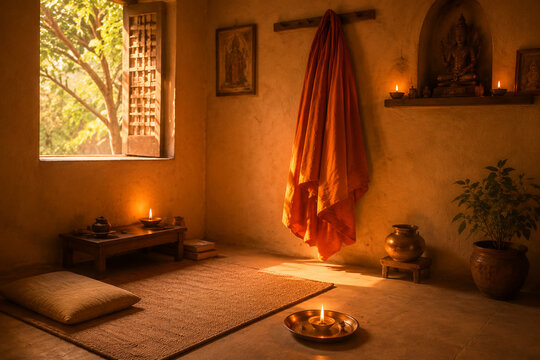 An Indian ashram room with an orange robe on the wall, lit by candlelight.