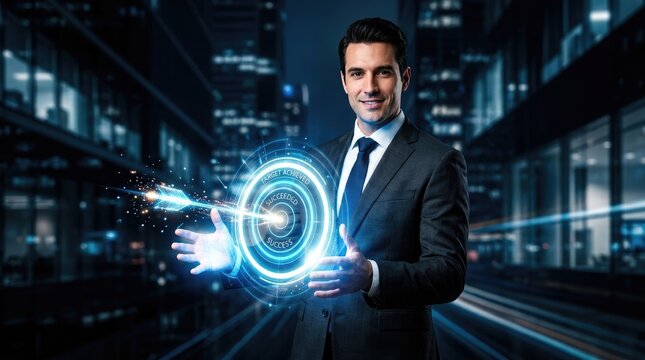Professional businessman interacting with a futuristic glowing digital interface in a modern dark city office environment