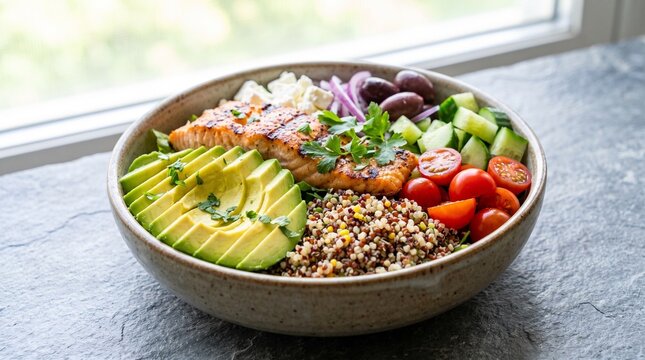 Grilled salmon bowl featuring sliced avocado quinoa cherry tomatoes and feta cheese on dark stone table