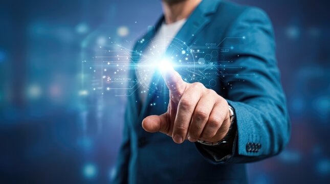 Businessman interacting with a glowing digital interface representing advanced technology and global data network connectivity