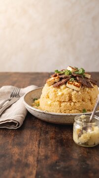 Cuscuz nordestino com queijo coalho grelhado, manteiga de garrafa e carne de sol apresentado em composi&ccedil;&atilde;o r&uacute;stica elegante de gastronomia regional