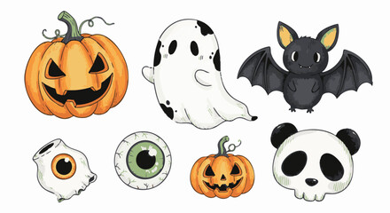 Obraz premium Halloween set with jack-o'-lantern pumpkins, spotted ghost, cute bat, eyeballs, and a panda-faced skull