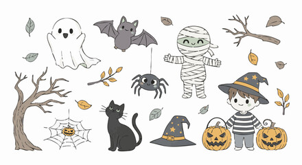 Obraz premium Cute halloween set with ghost, mummy, witch boy, black cat, bat, spider, jack-o'-lanterns, and bare trees on white background