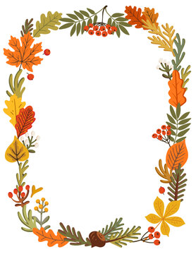 Autumn rounded frame with rowan berries and oak maple border wrapping around open copy space center. Vector leaf garland in warm orange tones suits greeting cards, posters and party invitations
