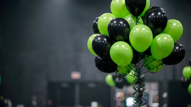 Celebrate the excitement of black friday with vibrant green and black balloons creating a festive atmosphere for incredible shopping