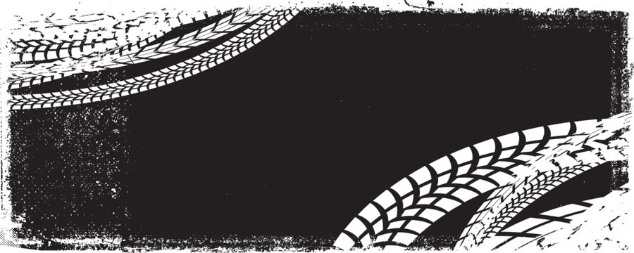 Vector Print Textured Tire Track banner. Design Element . Car tread silhouette . Mud splash grunge texture. Drift show
