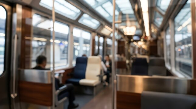 Commuter train interior with passengers sitting in blurred motion. Soft focus view of a public transit carriage with rows of seats and windows during a daily journey.