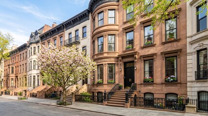 Fototapeta premium Brownstone row houses with flowering tree on spring city street
