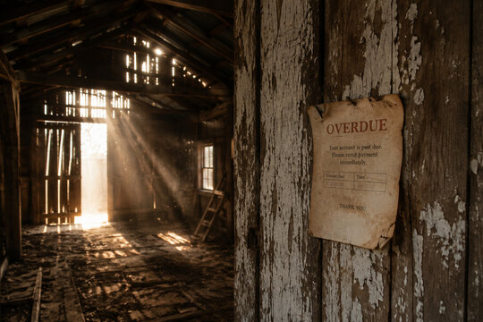 Empty abandoned barn interior with dust motes in sunbeams.
