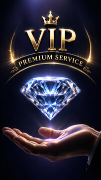Glowing diamond hovering over businessman hand with golden crown "VIP PREMIUM SERVICE" text