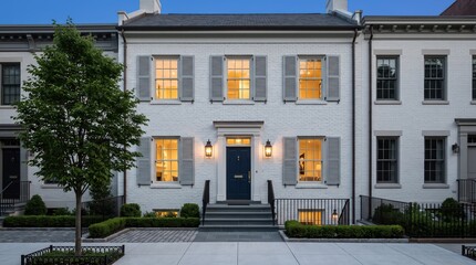 Obraz premium White brick row house front with tree and garden at dusk