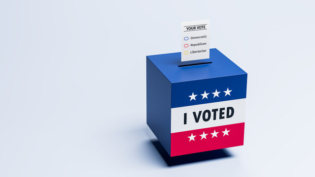 Elections in the United States concept. A ballot box with blue and red stripes, stars and the text I voted. A paper ballot falling into the slot. Midterm or presidential election.