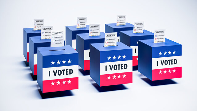 Elections in the United States concept. Several ballot boxes with blue and red stripes, stars and the text I voted. Paper ballots falling into the slots. Midterm or presidential election.