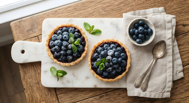 Mini blueberry tarts with fresh mint on a marble board
