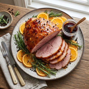 Sliced glazed holiday ham with orange slices and rosemary