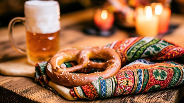Classic Oktoberfest food table with beer, pretzel, and rustic wood, trachten scarf in candlelit comfort