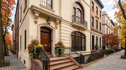 Fototapeta premium Brownstone townhouse entrance with iron railing and autumn leaves