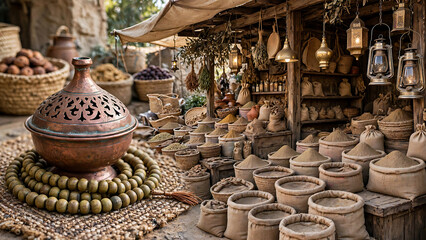 Fototapeta premium Traditional Middle Eastern Souk Market with Aromatic Spices and Handcrafted Copper Tagine Pots