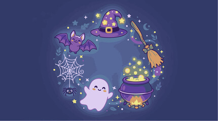 Naklejka premium Cartoon halloween wreath with cute ghost, witch hat, cauldron, bat, spider web, and broomstick on a dark purple background