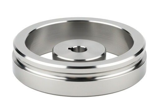 Metal pulley wheel with central hub isolated on transparent background for industrial applications