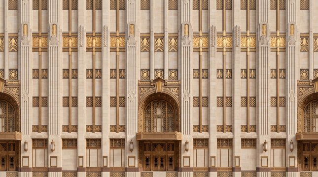 Art Deco Architecture Facade with Ornate Golden Details