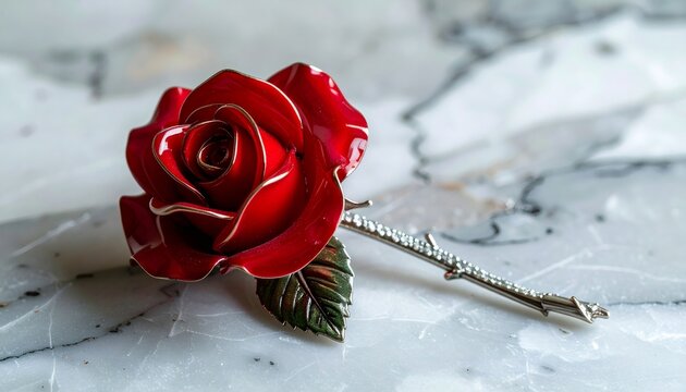 Red rose brooch jewel with enamel on marble
