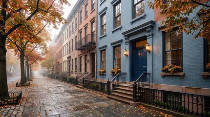 Fototapeta premium Blue painted row houses on autumn street with lit lanterns