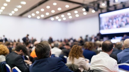 Fototapeta premium People attending a conference at a large venue with a screen displaying content