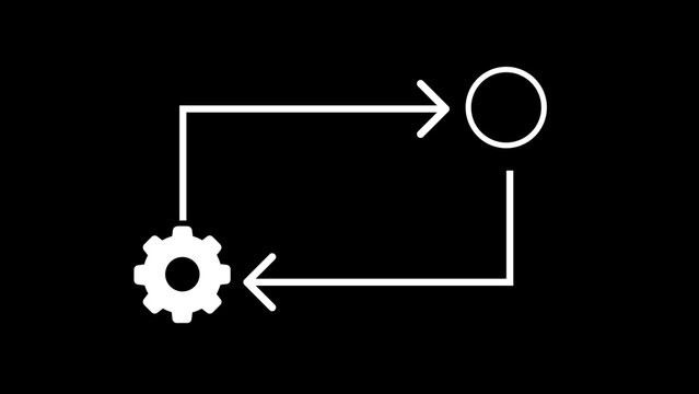 White Workflow Automation Loop Icon with Gear and Circular Process on Black Background