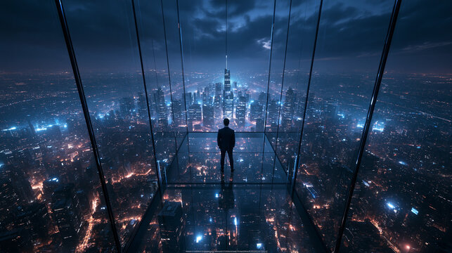 Executive Standing on Glass Deck Overlooking Night Cityscape