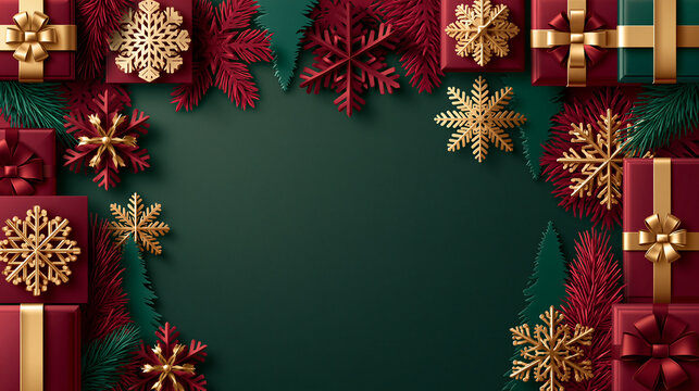 Christmas Holiday Background with Gifts Snowflakes and Copy Space