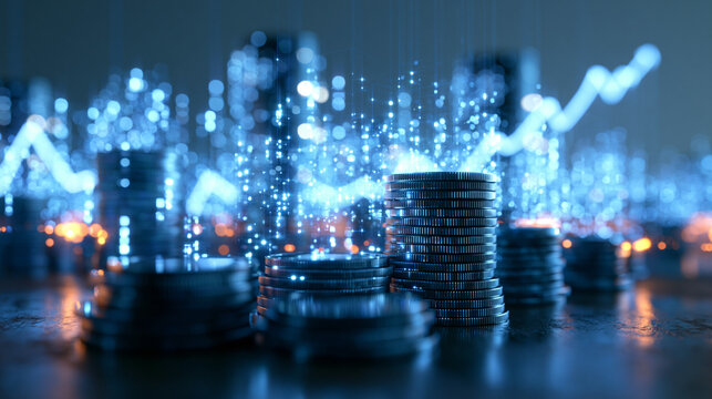 Coins with Glowing Digital Financial Graph and Market Data